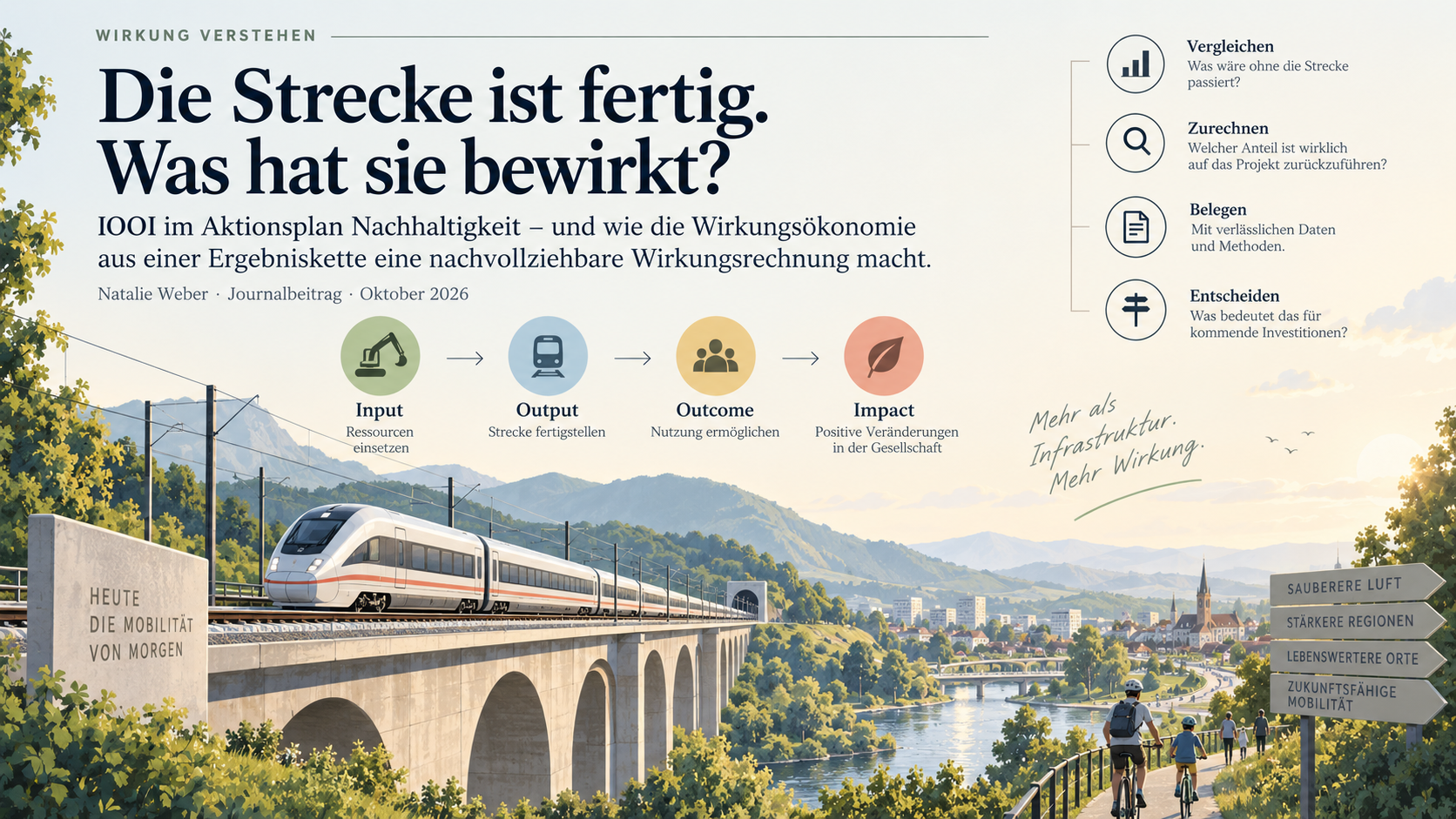 Redaktionelle Illustration zum fiktiven Bahnbeispiel: Ein Zug auf einer Brücke, die IOOI-Ergebniskette und die Prüffragen Vergleichen, Zurechnen, Belegen und Entscheiden.