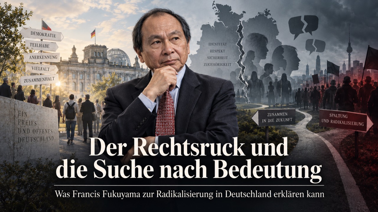 Redaktionelle Titelcollage zu Fukuyamas Denken und dem Rechtsruck: Anerkennung, Teilhabe und Zusammenhalt stehen Spaltung und Radikalisierung gegenüber.