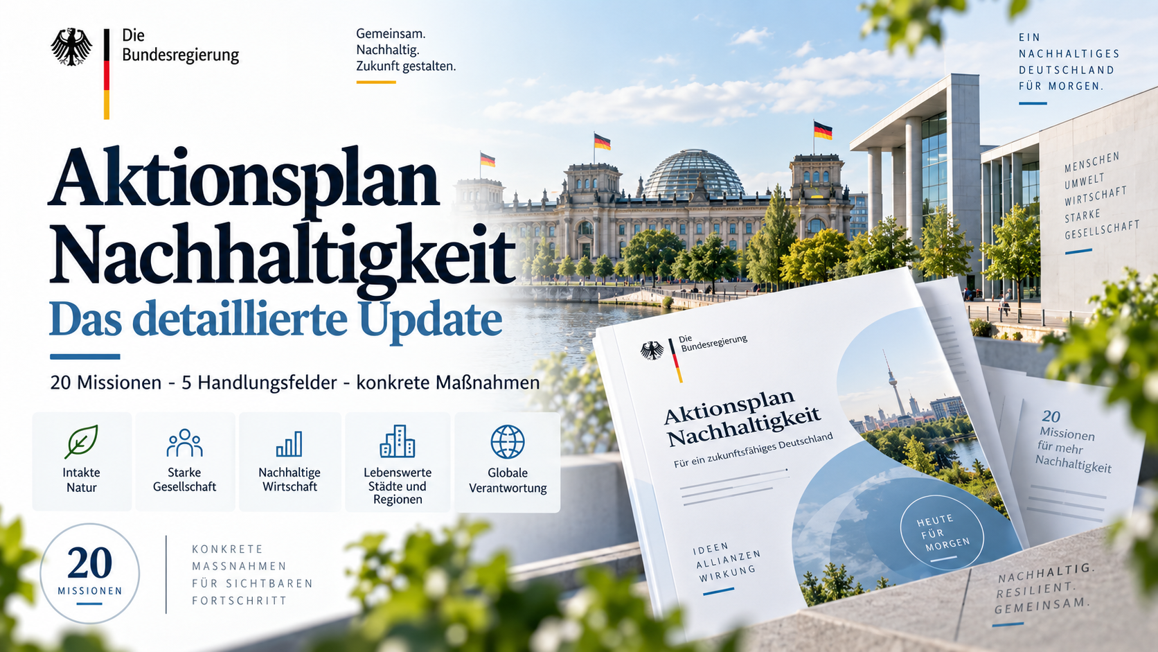 KI-generierte redaktionelle Titelillustration zum detaillierten Update des Aktionsplans Nachhaltigkeit mit Berliner Regierungsgebäuden, fünf Handlungsfeldern und 20 Missionen. Keine amtliche Veröffentlichung der Bundesregierung.