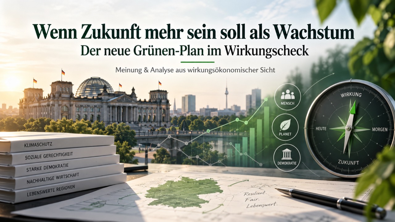 KI-generierte redaktionelle Titelillustration zum Grünen-Plan im Wirkungscheck mit Reichstag, Wirkungskompass, Diagramm und den Themen Klimaschutz, soziale Gerechtigkeit, Demokratie, nachhaltige Wirtschaft und lebenswerte Regionen. Keine Parteiveröffentlichung.