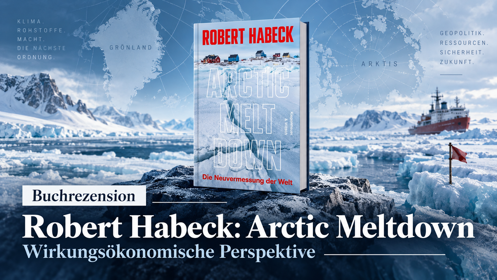 KI-generierte redaktionelle Titelillustration zur Buchrezension: Arctic Meltdown von Robert Habeck vor einer arktischen Eislandschaft mit Grönlandkarte und Schiff. Keine offizielle Buchabbildung.