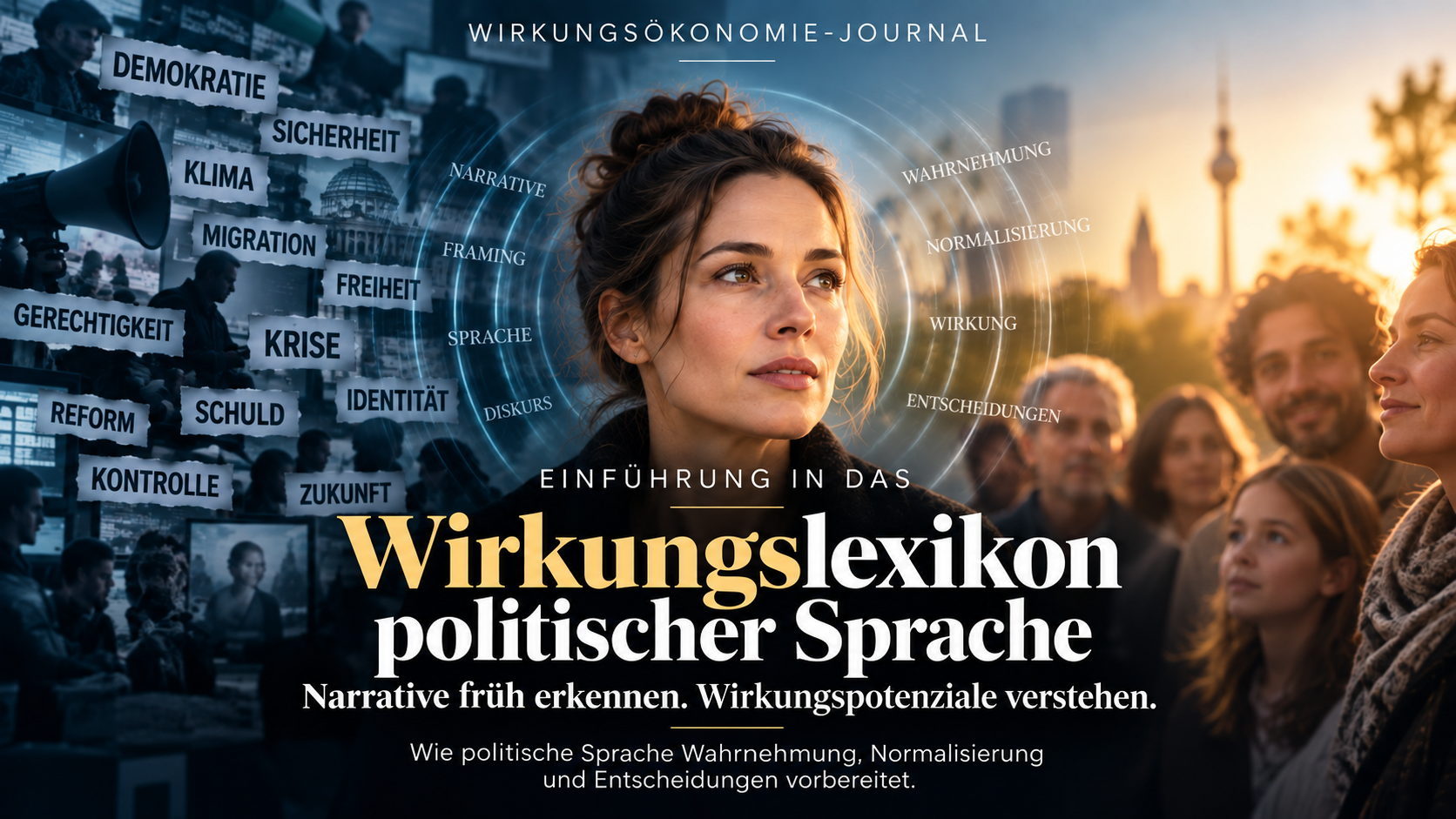 Titelillustration zum Wirkungslexikon politischer Sprache: eine Frau zwischen politischen Schlagworten, öffentlichem Diskurs und einer hellen Stadtszene. Symbolbild, keine dokumentarische Aufnahme.