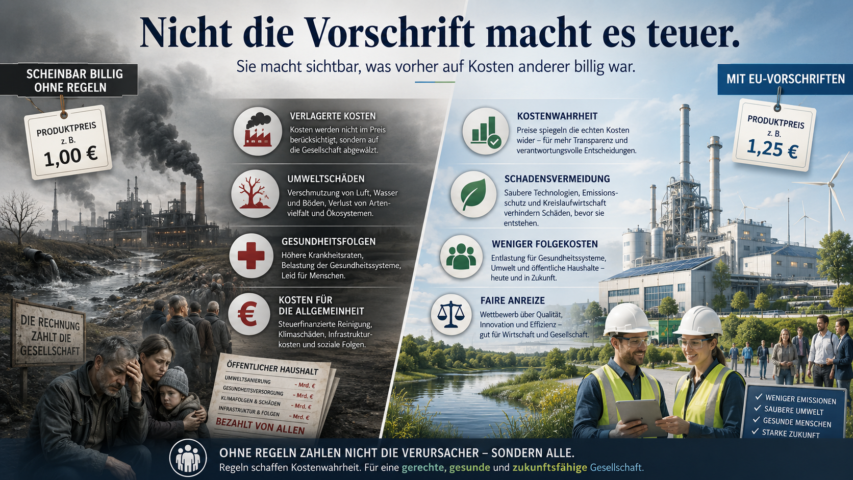 Infografik mit zwei Seiten: links scheinbar billige Produktion ohne Regeln mit Umwelt- und Gesundheitsfolgen, rechts geregelte Produktion mit Kostenwahrheit, Schadensvermeidung und fairen Anreizen.