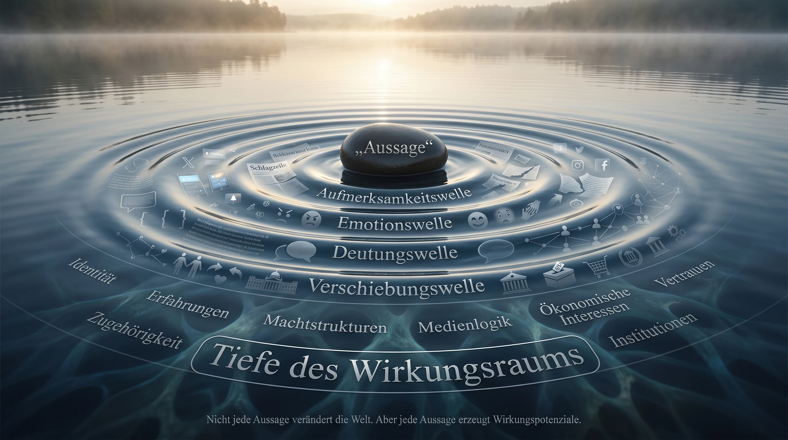 Infografik zum Wellen- und Tiefenmodell des öffentlichen Wirkungsraums: Aussage, Aufmerksamkeitswelle, Emotionswelle, Deutungswelle, Verschiebungswelle und darunterliegende Ursachenräume.