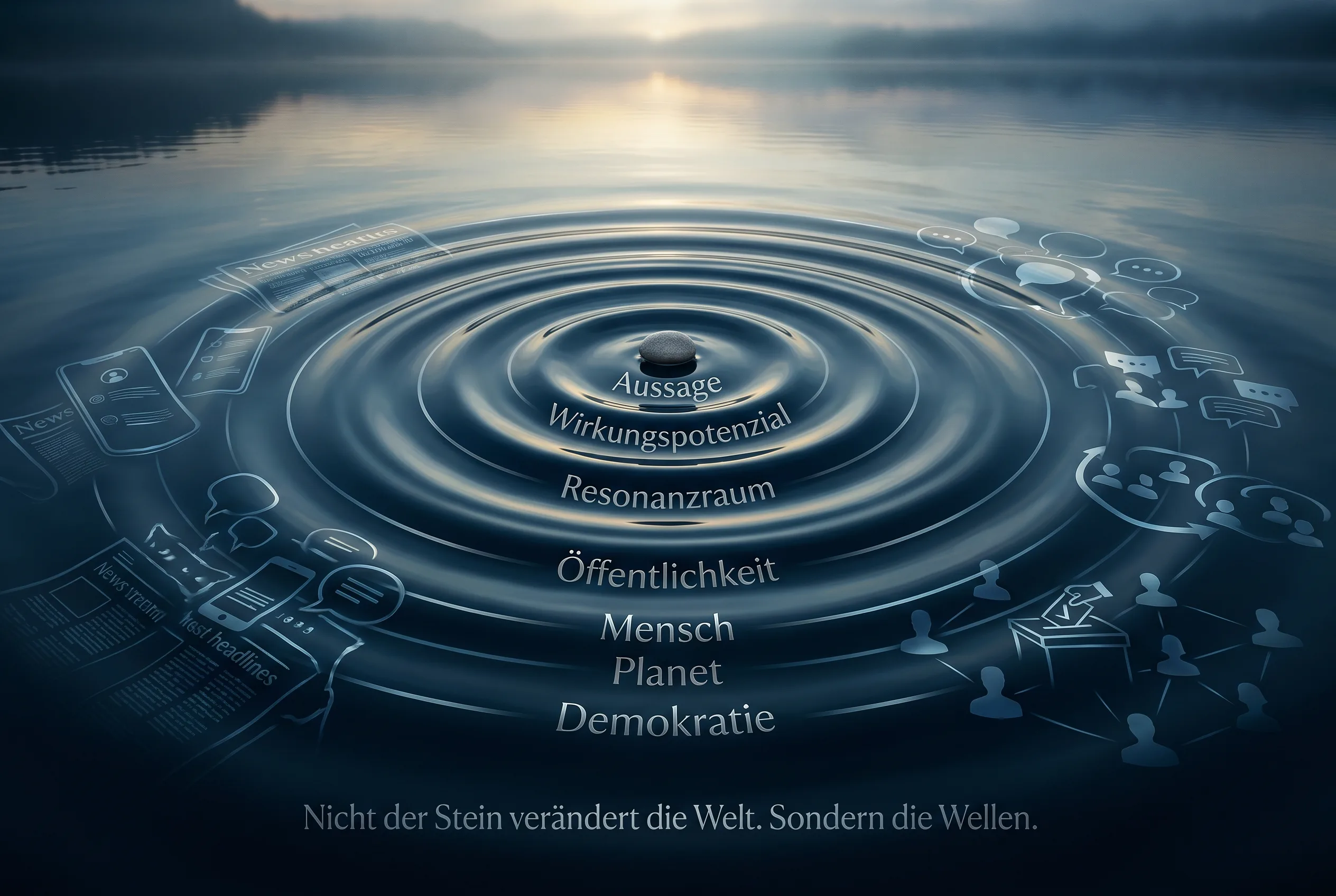 Wellen auf einer Wasseroberfläche als Bild für Aussage, Wirkungspotenzial, Resonanzraum, Öffentlichkeit, Mensch, Planet und Demokratie.