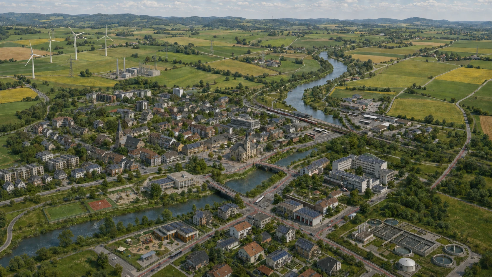 Dieselbe Stadt mit gemischtem Energieausbau, erhaltenen Straßen- und Parkflächen sowie ergänzten Wohngebäuden.