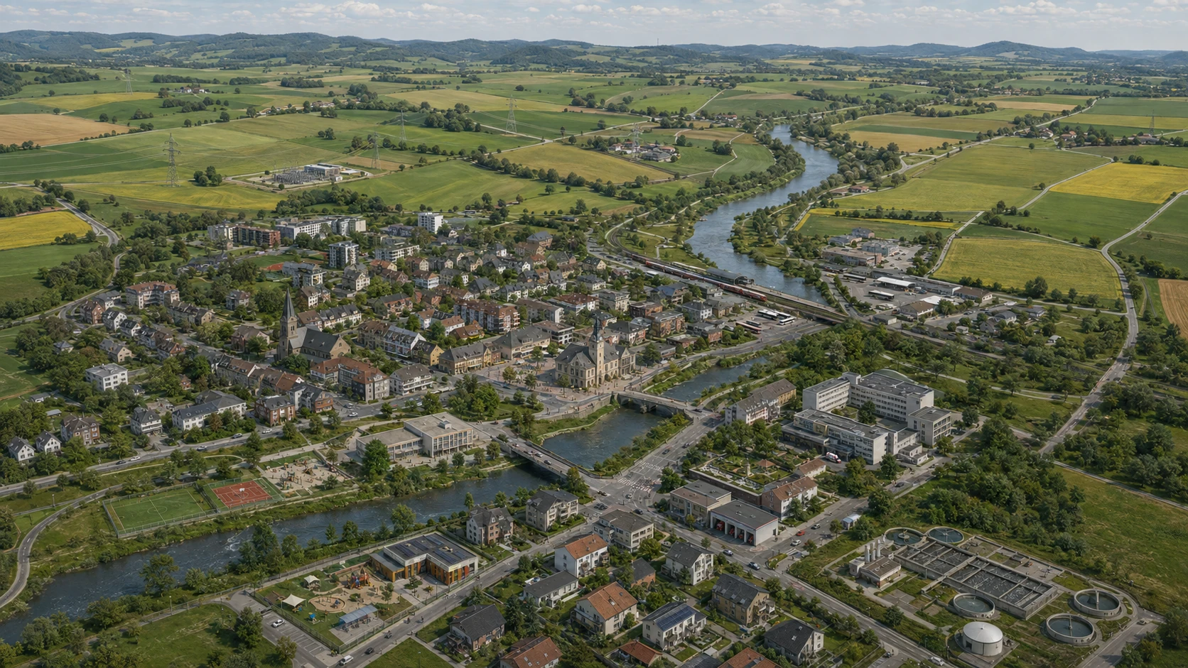 Fiktive deutsche Stadt mit Umland, Fluss, Bahnhof, Wohnvierteln, Kita, Schule und Krankenhaus. Gemeinsamer Ausgangszustand aller Szenarien.