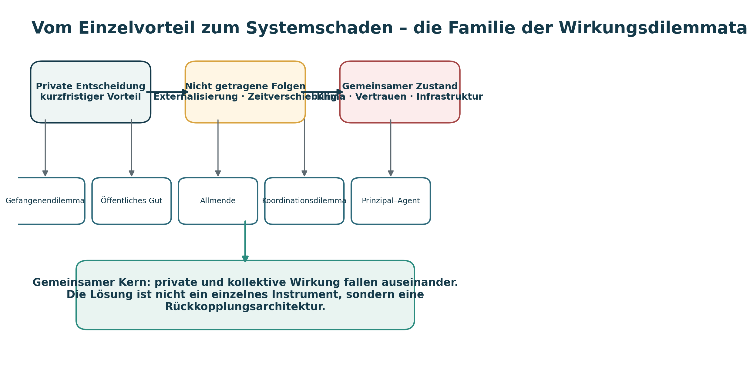 Übersicht über gekoppelte Wirkungsdilemmata: Gefangenendilemma, öffentliche Güter, Allmende, Assurance, Koordination, Eskalation, Freiwilligendilemma, Prinzipal-Agent, intergenerationelle Dilemmata, Lock-in, Macht und Capture, Anticommons, Goodhart-Effekte und Vertrauensbruch.