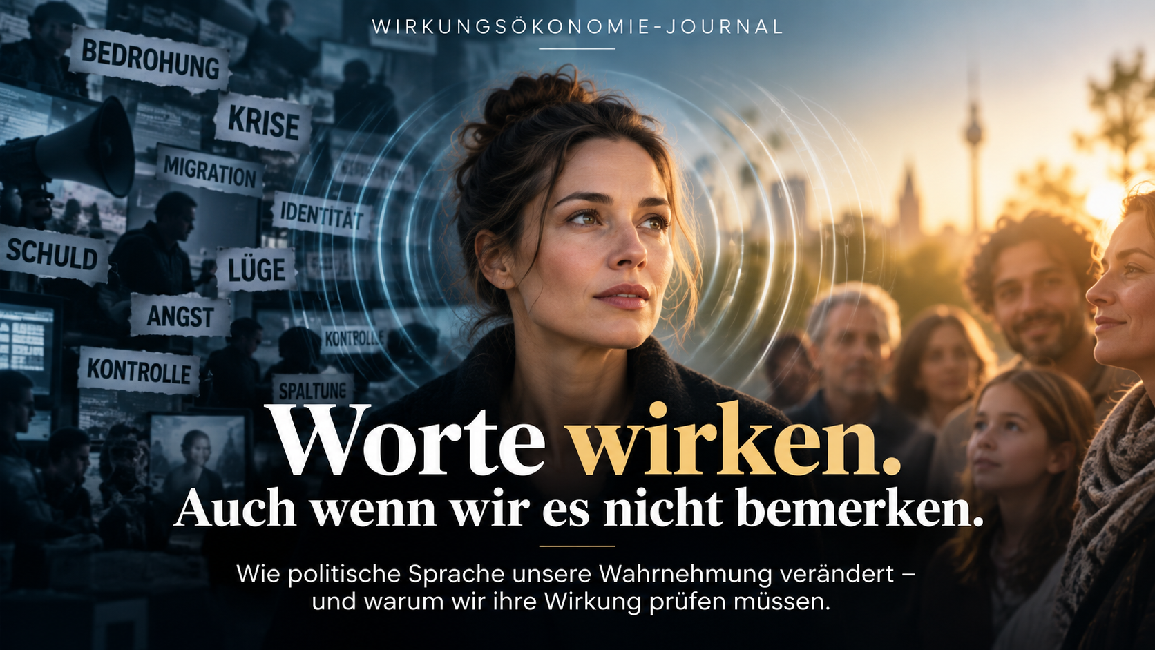 Titelbild des Journalartikels „Worte wirken. Auch wenn wir es nicht bemerken.“: eine Frau im Vordergrund, links Schlagwort-Schilder, rechts Menschen im Abendlicht.