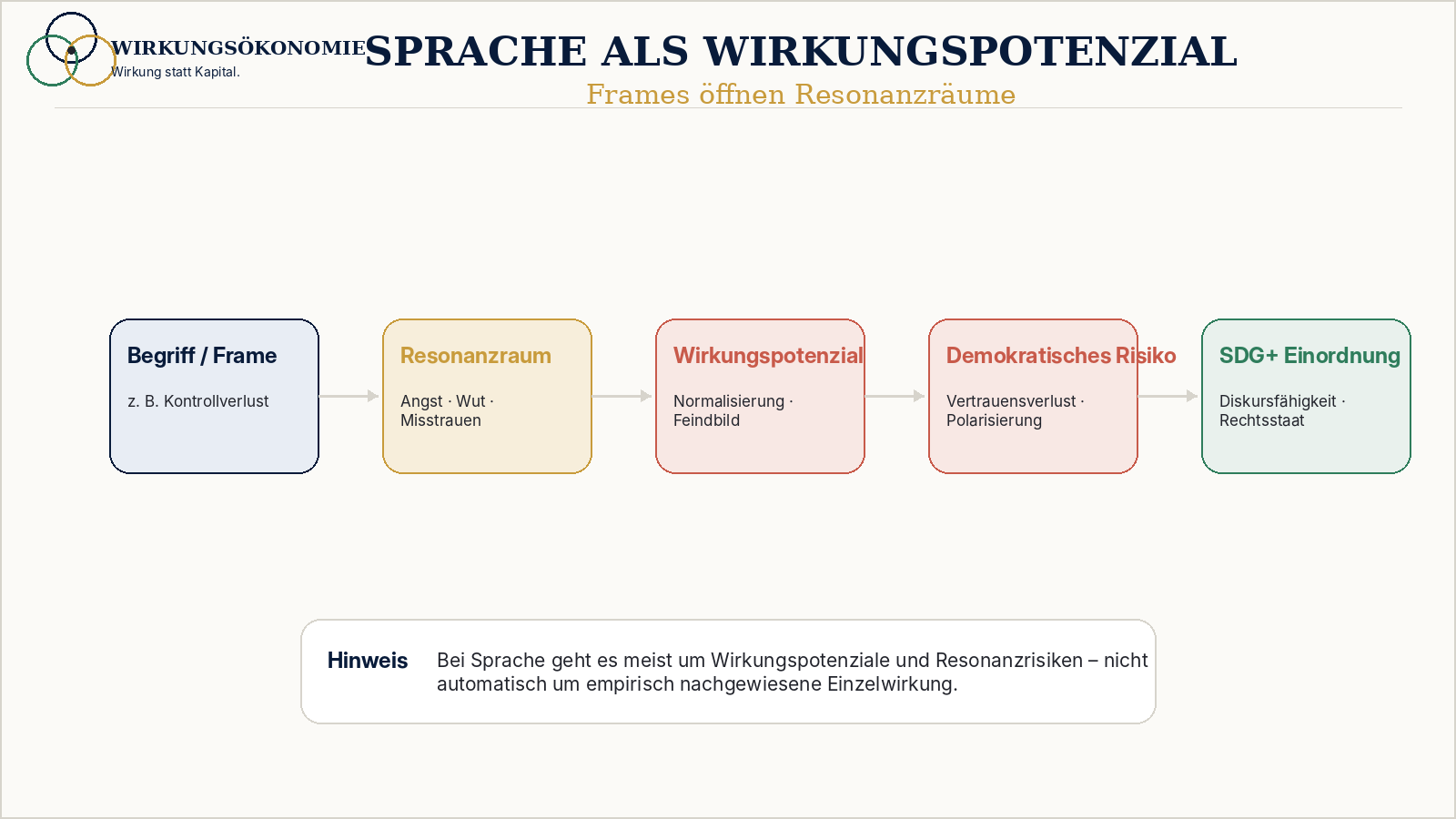 Wirkungspfad von Begriff und Frame über Resonanzraum zu demokratischem Risiko und SDG+-Einordnung.